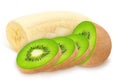 Ccomposition with cutted banana and kiwi isolated on a white background. Royalty Free Stock Photo