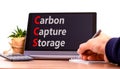 CCS Carbon capture storage symbol. Concept words CCS Carbon capture storage on beautiful black tablet. Beautiful white background