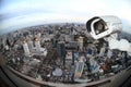 CCTV with Blur City in background fish eye perspective