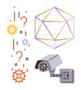 Surveillance Camera with Gears, Geometric Structure, and Question Marks Representing Technology and Analysis Royalty Free Stock Photo