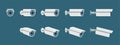 CCTV camera icon set. Security surveillance flat icons. Safety control videcam rotation collection. Video protection