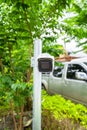 CCTV camera is installed in the garden with blur green tree background for monitor and safety system control around that area Royalty Free Stock Photo