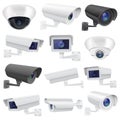 CCTV camera. Large collection of white and black security surveillance system. Wall and ceiling mounted Royalty Free Stock Photo