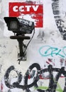 CCTV camera mounted on a Graffiti Tagged wall Royalty Free Stock Photo