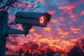 Cctv camera on sunset sky background with copy space. Generative AI