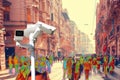 CCTV. Crowds of people walking down the street. Thermal imager filter. Concept of modern video surveillance technologies and