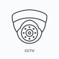 CCTV flat line icon. Vector outline illustration of screen with dome secure camera. Infographic design black thin linear