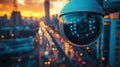 CCTV network monitoring city traffic with secure encrypted data at sunset