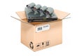 CCTV system digital video recorder inside cardboard box, delivery concept. 3D rendering