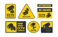 Cctv systems. Information badges safety anounce warning robbery signal security danger alert vector sign