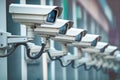 Cctv video surveillance cameras mounted in a row on a building wall scanning a city street. Generative AI illustration Royalty Free Stock Photo