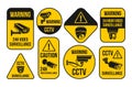 CCTV warning yellow black minimal line emblem set vector flat security surveillance caution sign