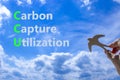 CCU Carbon capture utilization symbol. Concept words CCU Carbon capture utilization on beautiful blue sky background. Wooden bird Royalty Free Stock Photo