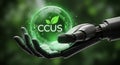 CCUS Technology for Carbon Capture: Robot Hand Holding Glowing Orb with CCUS Text, Advanced Carbon Capture Utilization and Storage Royalty Free Stock Photo