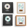 CD Disc Award Set Vector. Modern Ceremony. Best Seller. Musical Trophy. Realistic Frame, Album Disc, Brick Wall