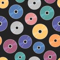 CD pattern. Retro 90s and 2000s seamless background with CD DVD discs. Mp3 music, films, data. Vector colorful flat illustration Royalty Free Stock Photo