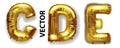 CDE gold foil letter balloons on white background. Golden alphabet balloon logotype, icon. Metallic Gold ABC Balloons