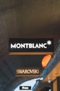 CDG Airport, Paris - 12/22/18: Montblanc logo on shop sign with swarovski and fnac