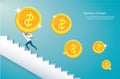 Man holding the big gold coin climbing stairs to success vector illustration eps10 Royalty Free Stock Photo