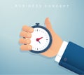 Hand holding a stopwatch timer time management background. vector illustration EPS 10 Royalty Free Stock Photo