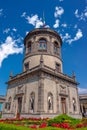 CDMX, CDMX, 11 12 22, tall knight tower with flag in the upper courtyard of chapultepec castle, 4 black sculptures of women and a