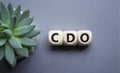 CDO - Collateralized Debt Obligation symbol. Wooden cubes with word CDO. Beautiful grey background with succulent plant. Business