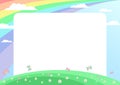 Children`s background, lawn with flowers and butterflies, in the blue sky the sun and the rainbow Royalty Free Stock Photo