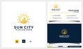 Building logo with sun concept and business card design template Royalty Free Stock Photo