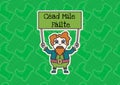 Cead mile failte text on green board held by leprechaun on green patterned background Royalty Free Stock Photo