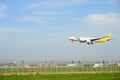 Airbus plane landing to runways at suvarnabhumi international airport in Bangkok ,Thailand. with copy space for text