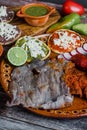 Cecina o tasajo and spicy meat is grilled mexican barbecue from Oaxaca Mexico