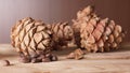 Cedar cones and a handful of pine nuts lie on a wooden table Royalty Free Stock Photo