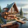 Cedar Lodge Lakehouse Cabin Wilderness Fishing Log Chalet Home Exterior Wooden House Construction AI Generated