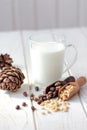 Cedar milk with pine nuts over white wooden table. Royalty Free Stock Photo