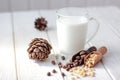 Cedar milk with pine nuts over white wooden table. Royalty Free Stock Photo