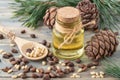 Cedar organic oil glass bottle, whole and shelled nuts on bamboo spoon, pine cones and green needle branches on wooden table Royalty Free Stock Photo