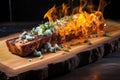 cedar plank with blue cheese and grill flames underneath