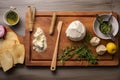 cedar plank with ricotta cheese and grill tools nearby