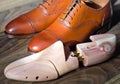 Cedar shoetree and shoes Royalty Free Stock Photo