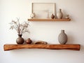 Cedar Wood Floating Shelf with Rustic Frames and Clay Vase - AI Generated