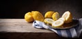 Still life with citrons in a pewter dish on an old wooden table. Space for text.