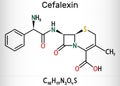 Cefalexin, cephalexin, C16H17N3O4S molecule. It is a beta-lactam, first-generation cephalosporin antibiotic with bactericidal Royalty Free Stock Photo