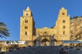 View of Cefalu Cathedral or Duomo di Cefalu and Piazza del Duomo in the coastal town of Cefalu in Sicily in Italy Royalty Free Stock Photo