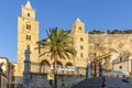 View of Cefalu Cathedral or Duomo di Cefalu and Piazza del Duomo in the coastal town of Cefalu in Sicily in Italy Royalty Free Stock Photo