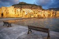 Cefalu town and beach at sunset light, Sicily, Italy Royalty Free Stock Photo