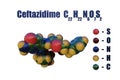 Ceftazidime, antibiotic. Structural chemical formula and space-filling molecular model. 3d illustration