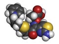 Ceftazidime cephalosporin antibiotic drug molecule. Atoms are represented as spheres with conventional color coding: hydrogen (