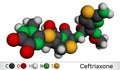Ceftriaxone molecule. It is broad-spectrum third-generation cephalosporin antibiotic. Molecular model. 3D rendering