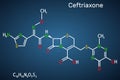 Ceftriaxone molecule. It is broad-spectrum third-generation cephalosporin antibiotic. Structural chemical formula on the