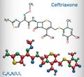 Ceftriaxone molecule. It is broad-spectrum third-generation cephalosporin antibiotic. Structural chemical formula and